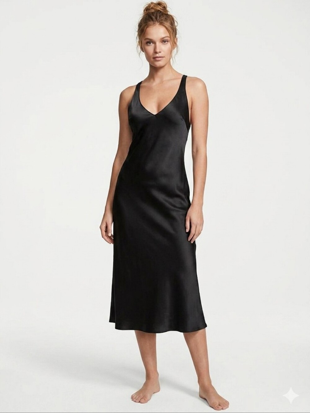 VICTORIA'S SECRET Black Satin Convertible Strap Midi Slip Dress